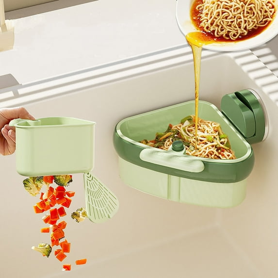 IMossad Suction Cup Sink Corner Rack with Detachable Strainer Basket, Dense Filter Holes, Space-Saving Kitchen Organizer for Sponges and Utensils