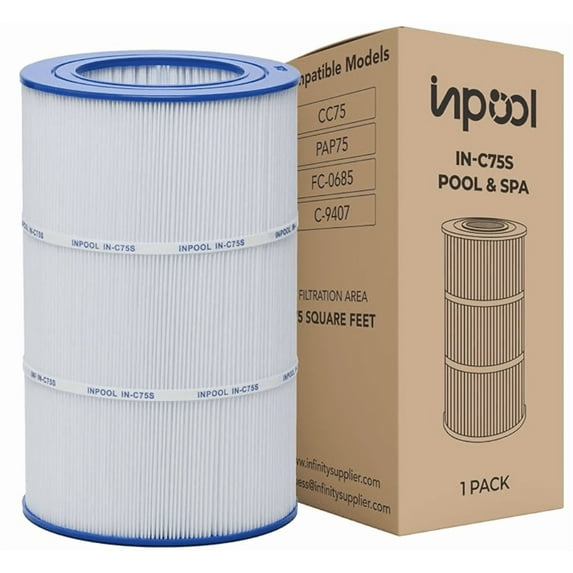 IN-C75S Pool & Spa Filter Cartridge, Pool Skimmer and Pool, 75 Sq.ft. for Inground Pools. Compatible with Pentair CC75, PAP75, Filbur FC-0685, Unicel C-9407. Pool Accessories 1 Pack.