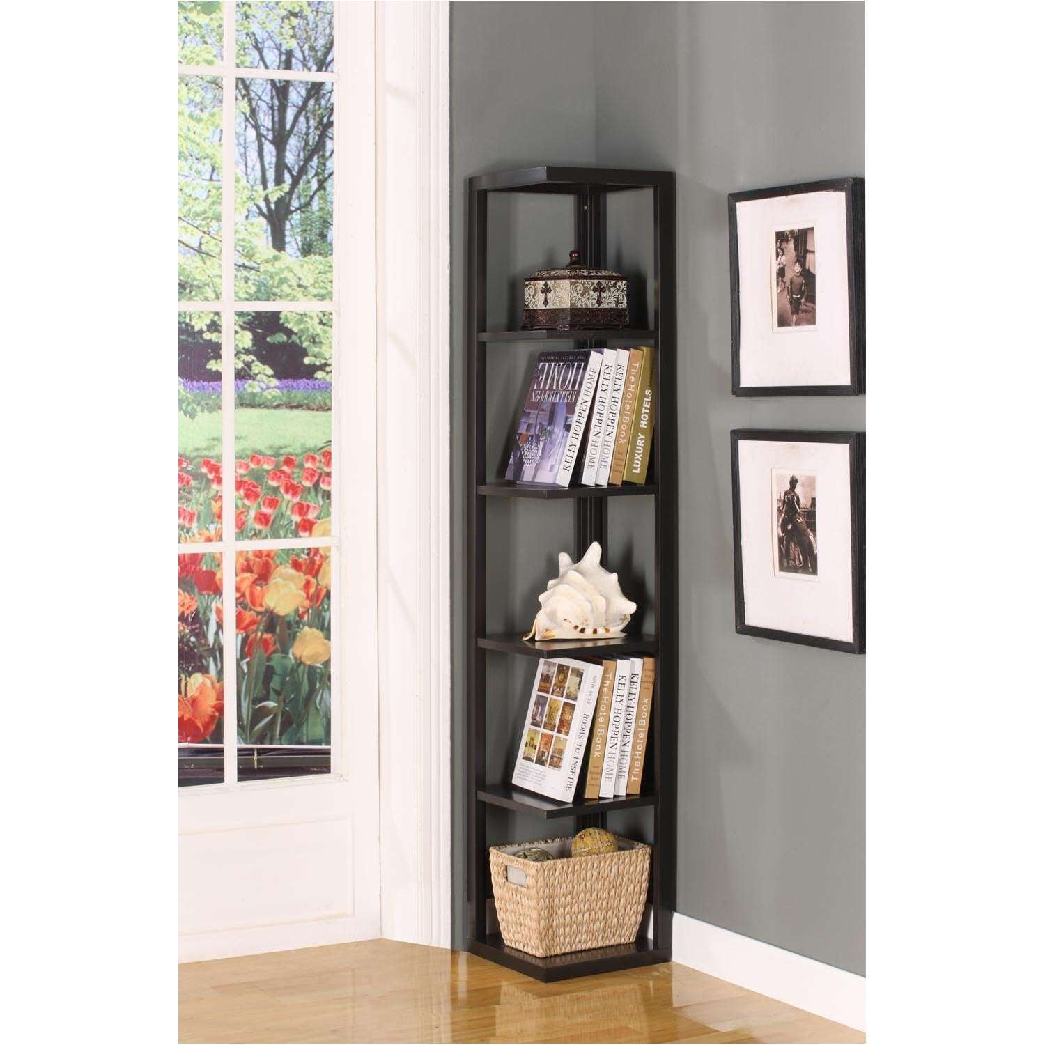 King's Brand Wood Wall Corner 5-Tier Bookshelf Case, Espresso Finish