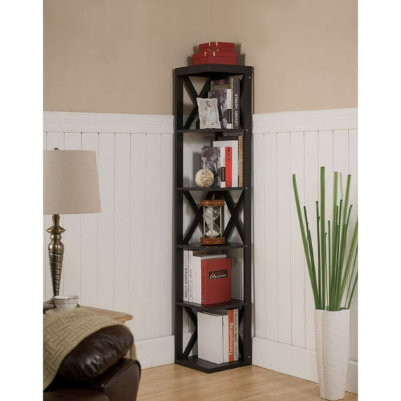 IN Room Furniture Designs Transitional Wood Corner Bookcase in Espresso