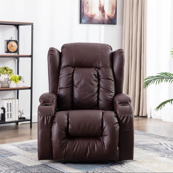 IN STOCKBrown PU Recliner Chair Single Sofa, Eight Point Massager Function and Heated, Ring-pull, Cup Holder, Adjustable Home Theater Single Recliner Suitable for the Elderly Vibration Massage.