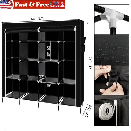 [IN STOCK] Portable Clothes Closet Rolling Door Wardrobe with Hanging Rack Non-Woven Fabric Storage Organizer with Three Drawer Boxes No-Tool Assembly