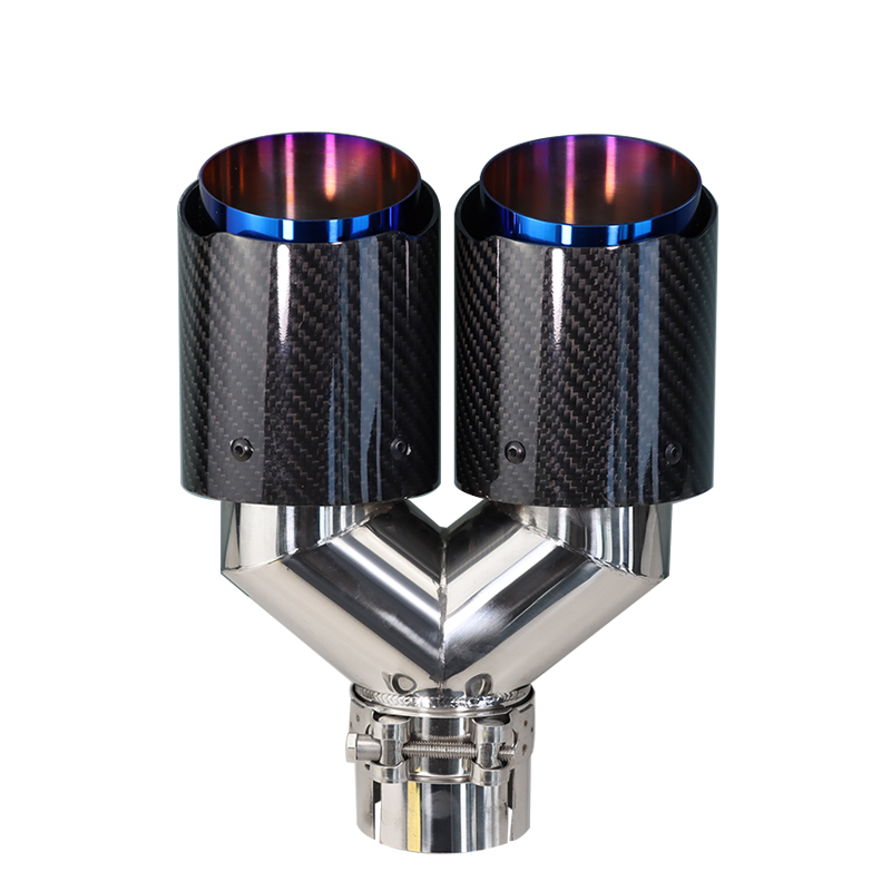 IN51101mm left 1PC Dual Exhaust Tips Carbon Fiber Blue Stainless