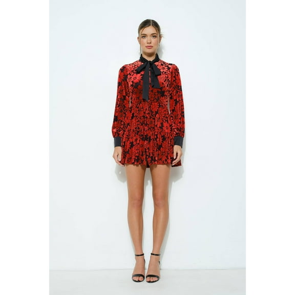 INA - Velvet Flower Burnout Satin Tie Mini Dress