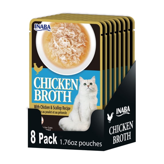 INABA Chicken Broth Complement/Topper/Treat for Cats, Eight 1.76 oz Pouches, Chicken & Scallop
