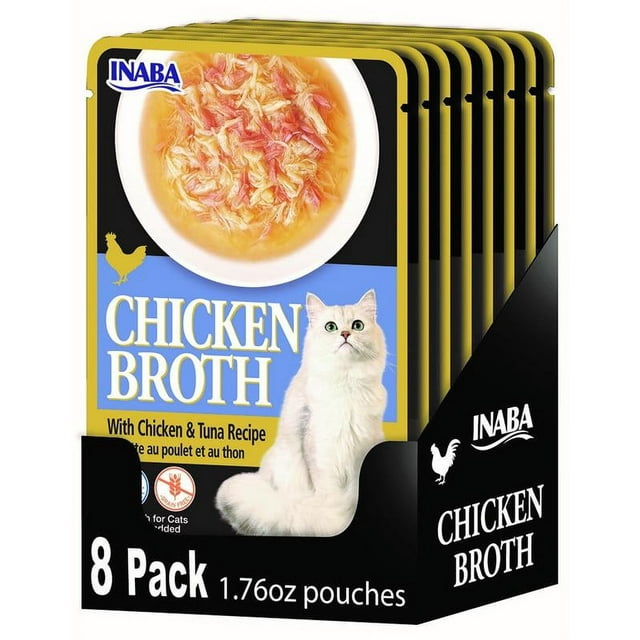 INABA Chicken Broth Complement/Topper/Treat for Cats, Eight 1.76 oz Pouches, Chicken & Tuna