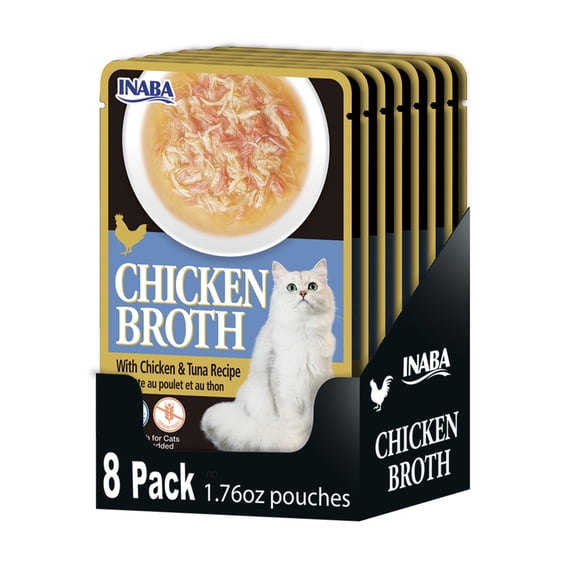 INABA Chicken Broth Complement/Topper/Treat for Cats, Eight 1.76 oz Pouches, Chicken & Tuna