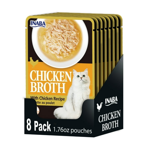 INABA Chicken Broth Complement/Topper/Treat for Cats, Eight 1.76 oz Pouches, Chicken