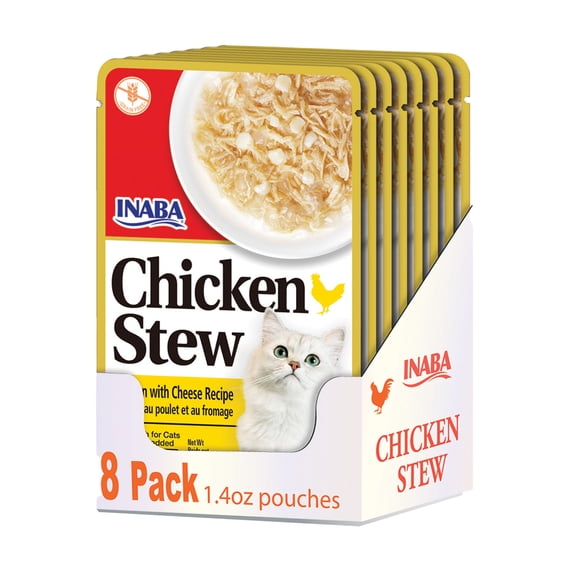 INABA Chicken Stew Complement/Topper/Treat for Cats, Eight 1.4 oz Pouches, Chicken & Cheese