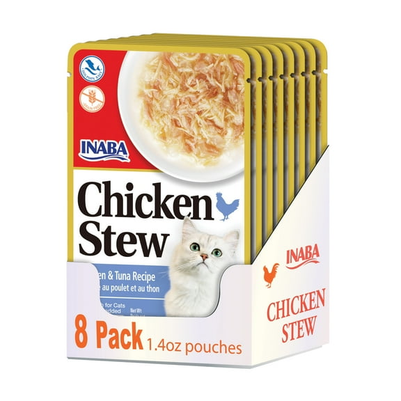 INABA Chicken Stew Complement/Topper/Treat for Cats, Eight 14 oz Pouches, Chicken & Tuna
