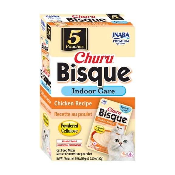 INABA Churu Bisque Hairball Control Lickable Wet Cat Topper, 1.05 oz Pouch, 5 Pouches, Chicken