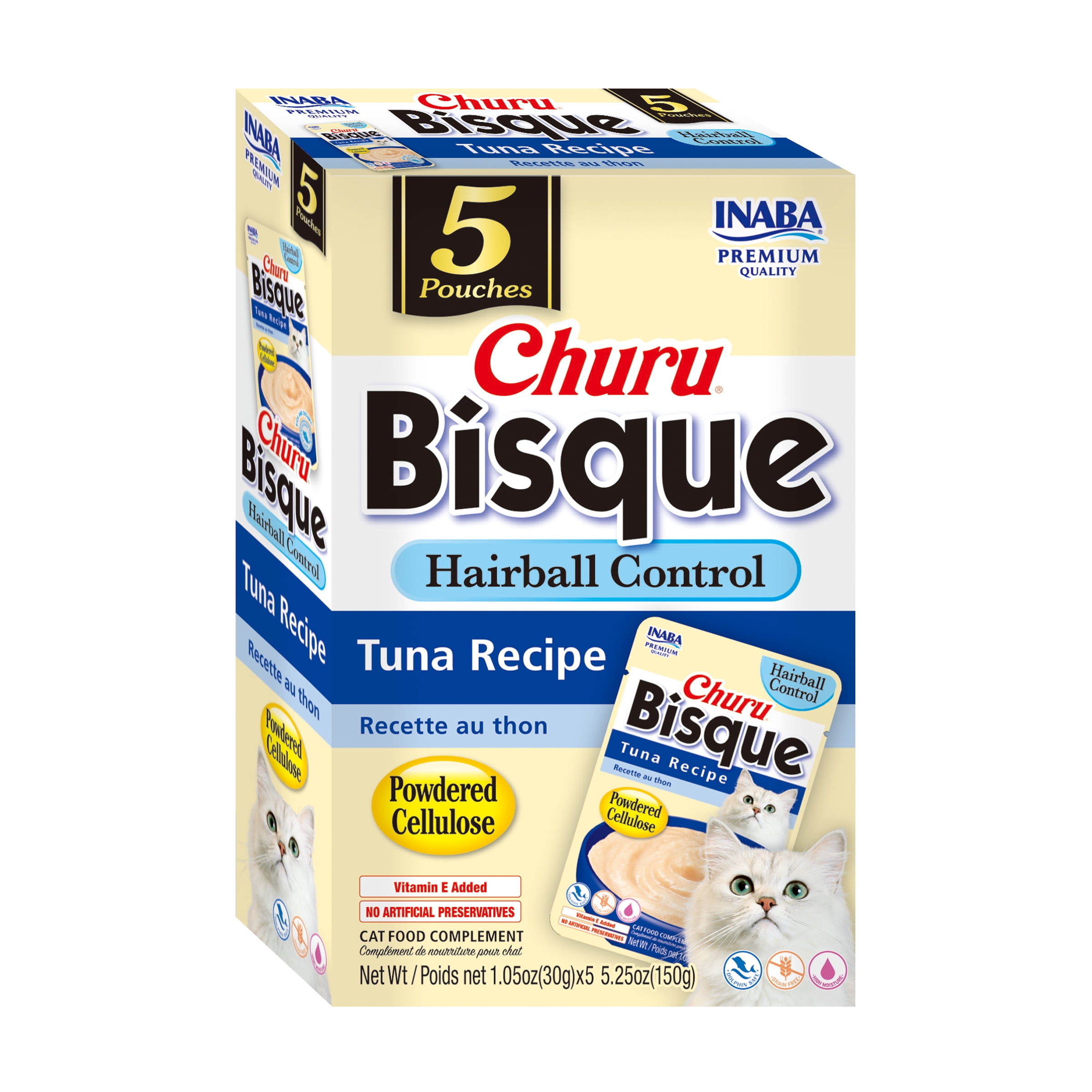 INABA Churu Bisque Hairball Control Lickable Wet Cat Topper, 1.05 oz Pouch, 5 Pouches, Tuna