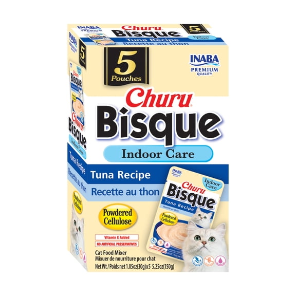 INABA Churu Bisque Hairball Control Lickable Wet Cat Topper, 1.05 oz Pouch, 5 Pouches, Tuna