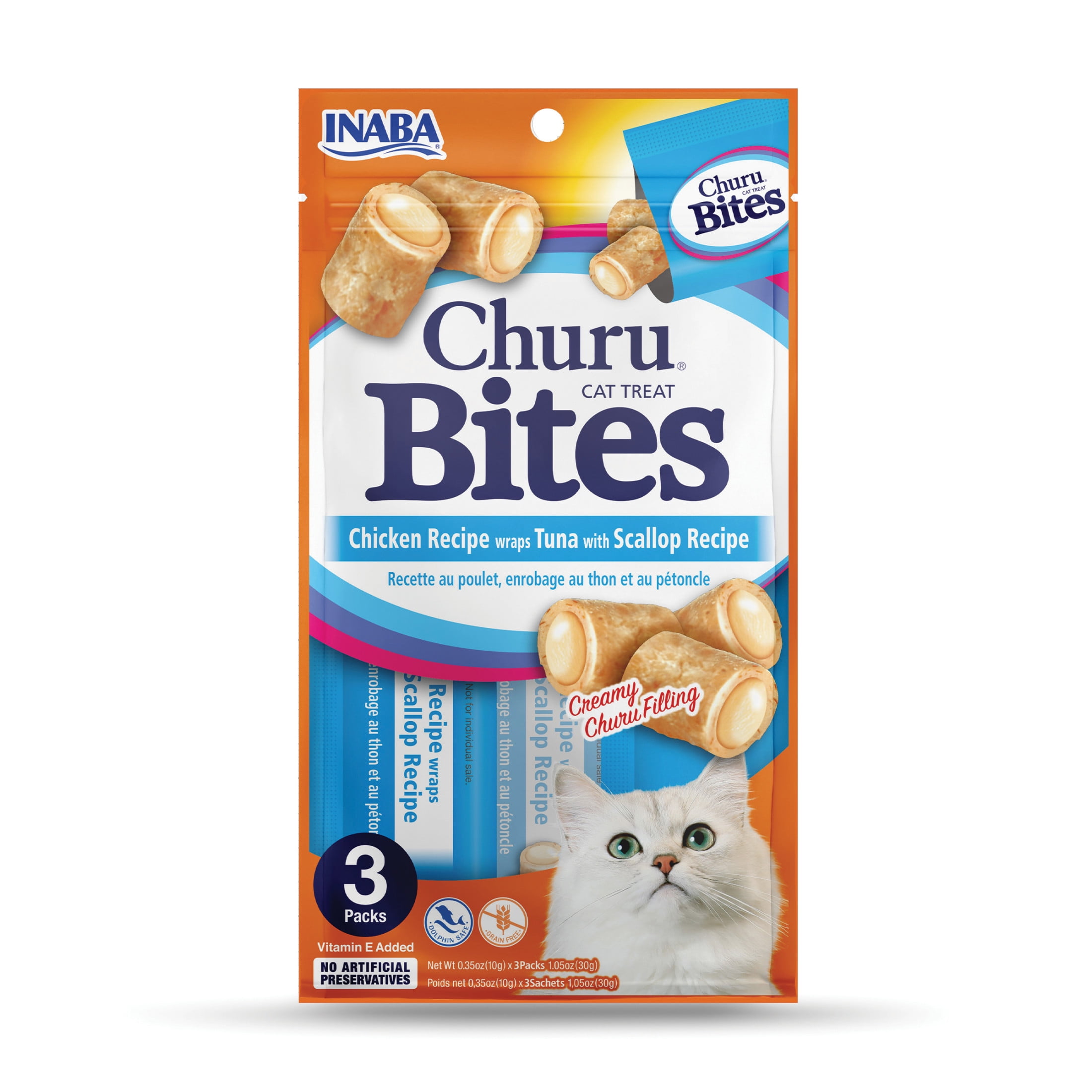 INABA Churu Bites for Cats, Grain-Free, Soft/Chewy Baked Chicken Wrapped Cat Treats with Savory Churu Centers, 0.35 Ounces Each Tube, 3 Tubes, Tuna with Scallop Recipe