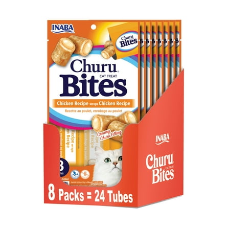 INABA Churu Bites For Cats, Churu Filled Soft Baked Chicken, 0.35 oz Tube| 24 Tubes, Chicken