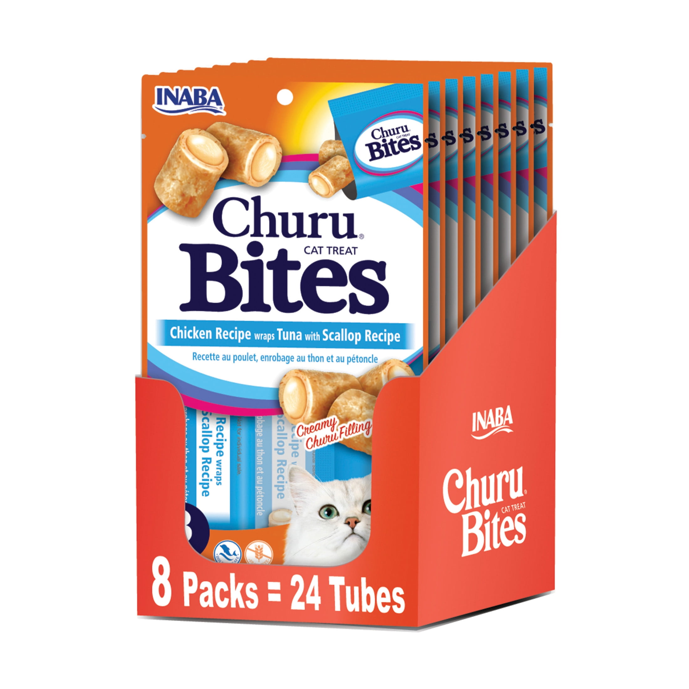 INABA Churu Bites, Soft Cat Treats, 0.35 oz Tube, 24 Tubes, Tuna with Scallop