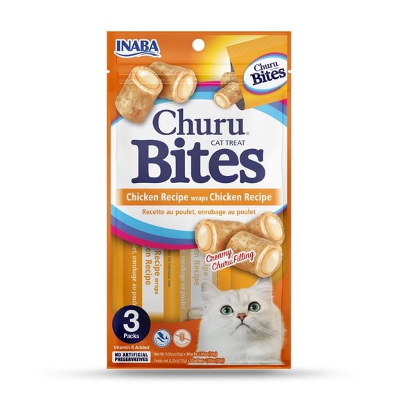 INABA Churu Bites for Cats, Grain-Free, Soft/Chewy Baked Chicken Wrapped Cat Treats with Savory Churu Centers, 0.35 Ounces Each Tube, 3 Tubes, Chicken Recipe