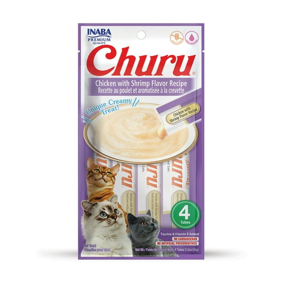 INABA Churu Cat Treats, Grain-Free, Lickable, Squeezable Creamy Purée Cat Treat/Topper with Vitamin E & Taurine 0.5 Ounces Each Tube, 4 Tubes, Chicken with Shrimp Recipe