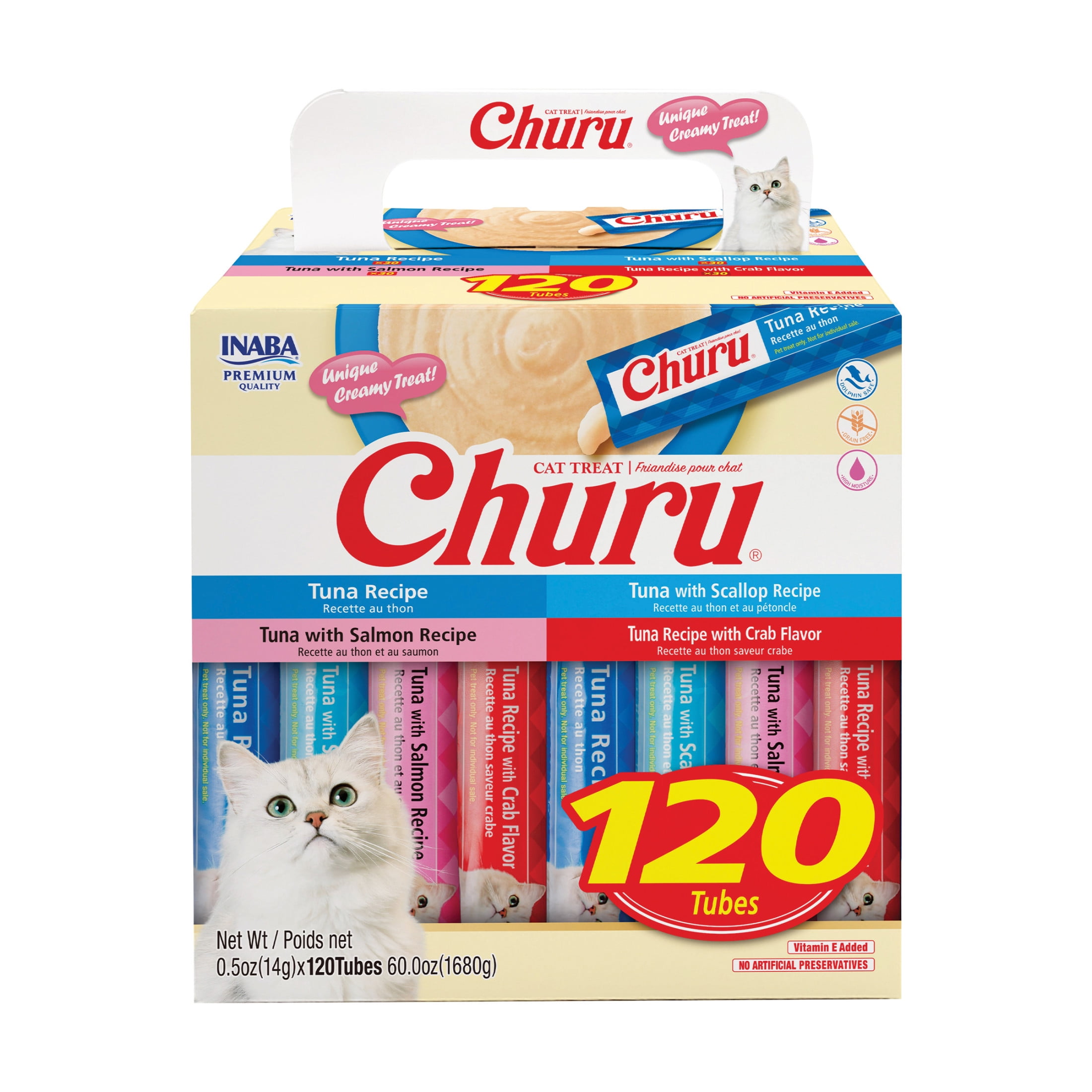 INABA Churu Cat Treats, Lickable, Squeezable Creamy Pure with Vitamin E, 0.5 Ounces per Tube, 120 Tubes Total, Tuna Variety