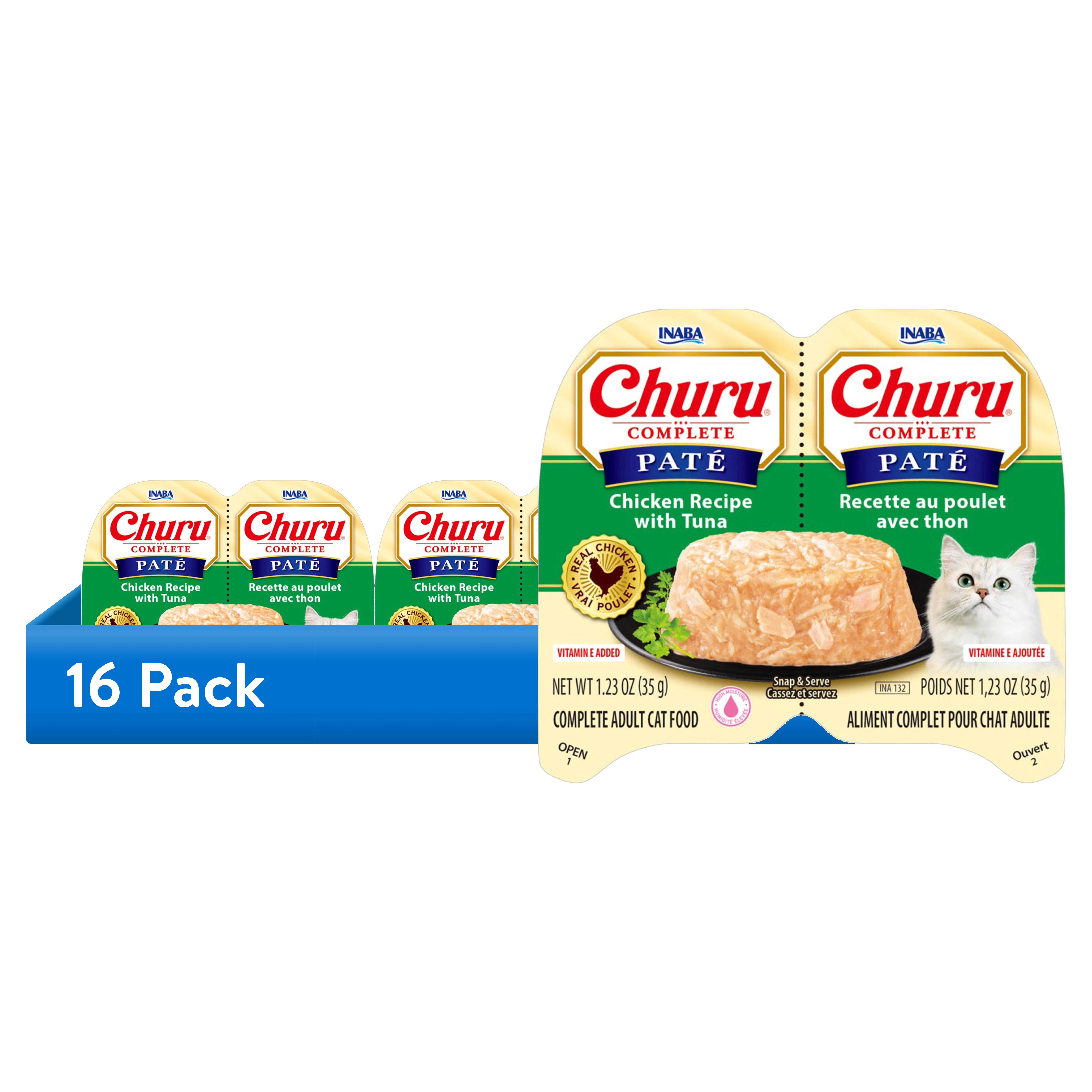 (16 pack) INABA Churu Complete Pate Wet Cat Food with Fish Oil, 1.23oz. per Serving, 2 Servings, Chicken Recipe with Tuna