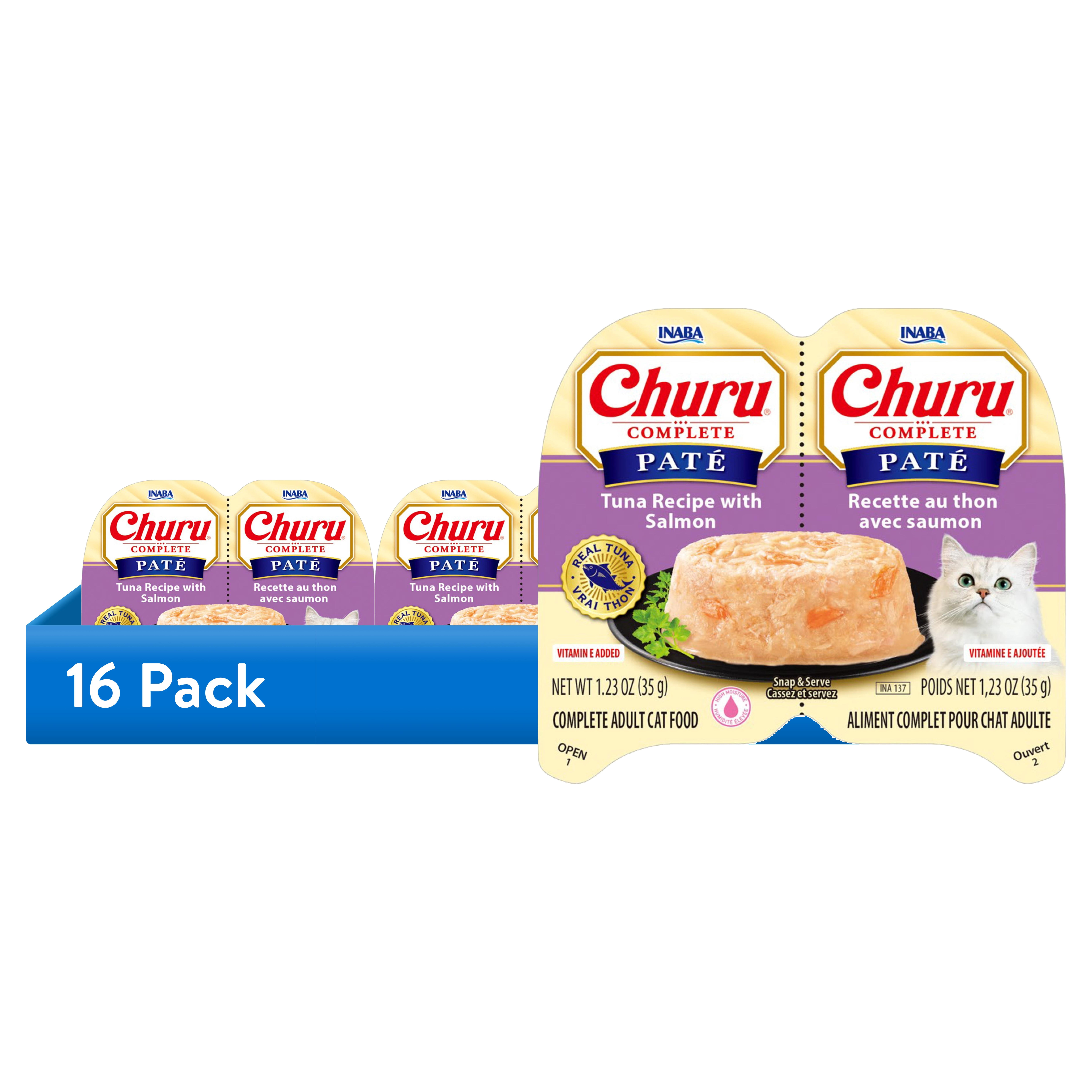 (16 pack) INABA Churu Complete Pate Wet Cat Food with Fish Oil, 1.23oz. per Serving, 2 Servings, Tuna Recipe with Salmon