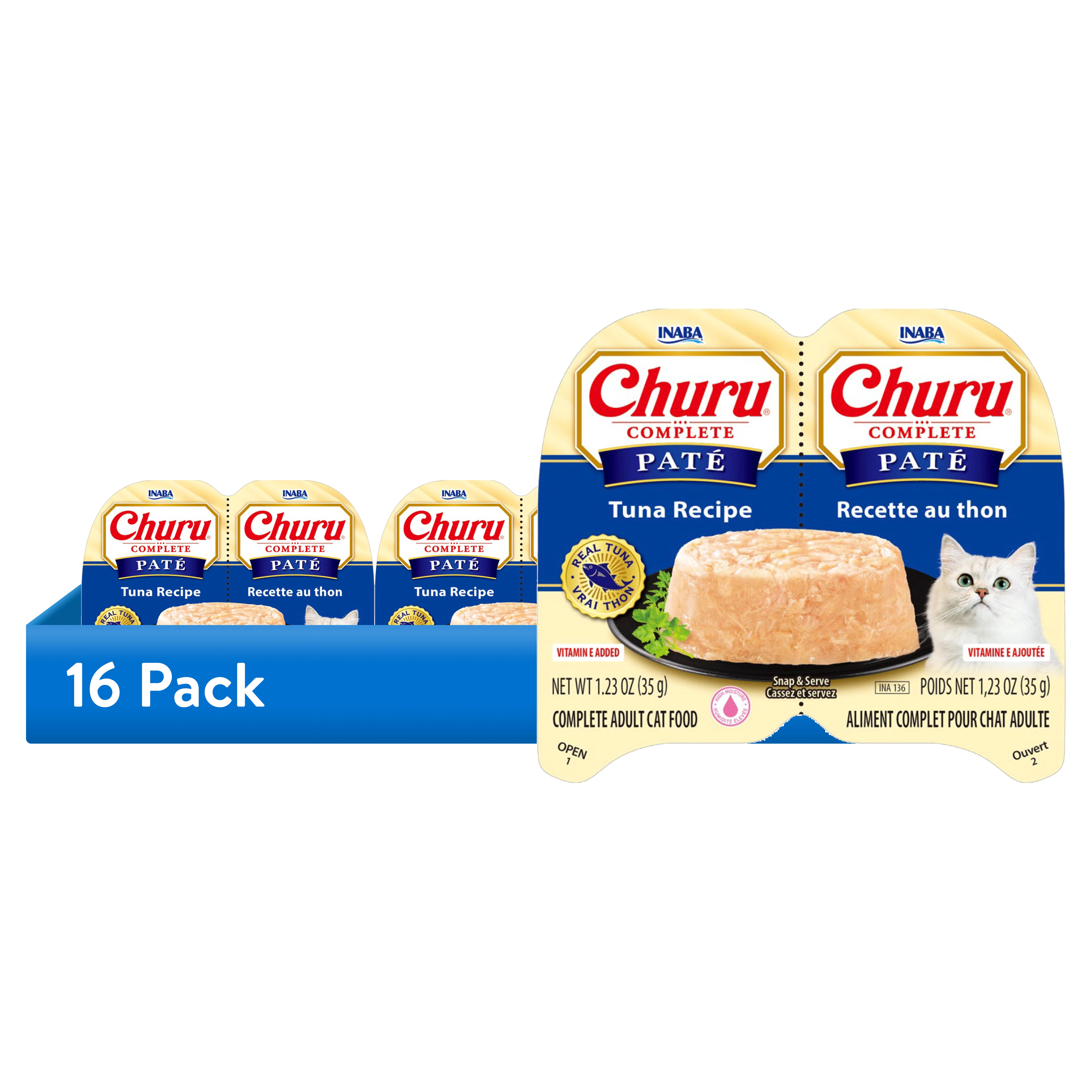(16 pack) INABA Churu Complete Pate Wet Cat Food with Fish Oil, 1.23oz. per Serving, 2 Servings, Tuna Recipe