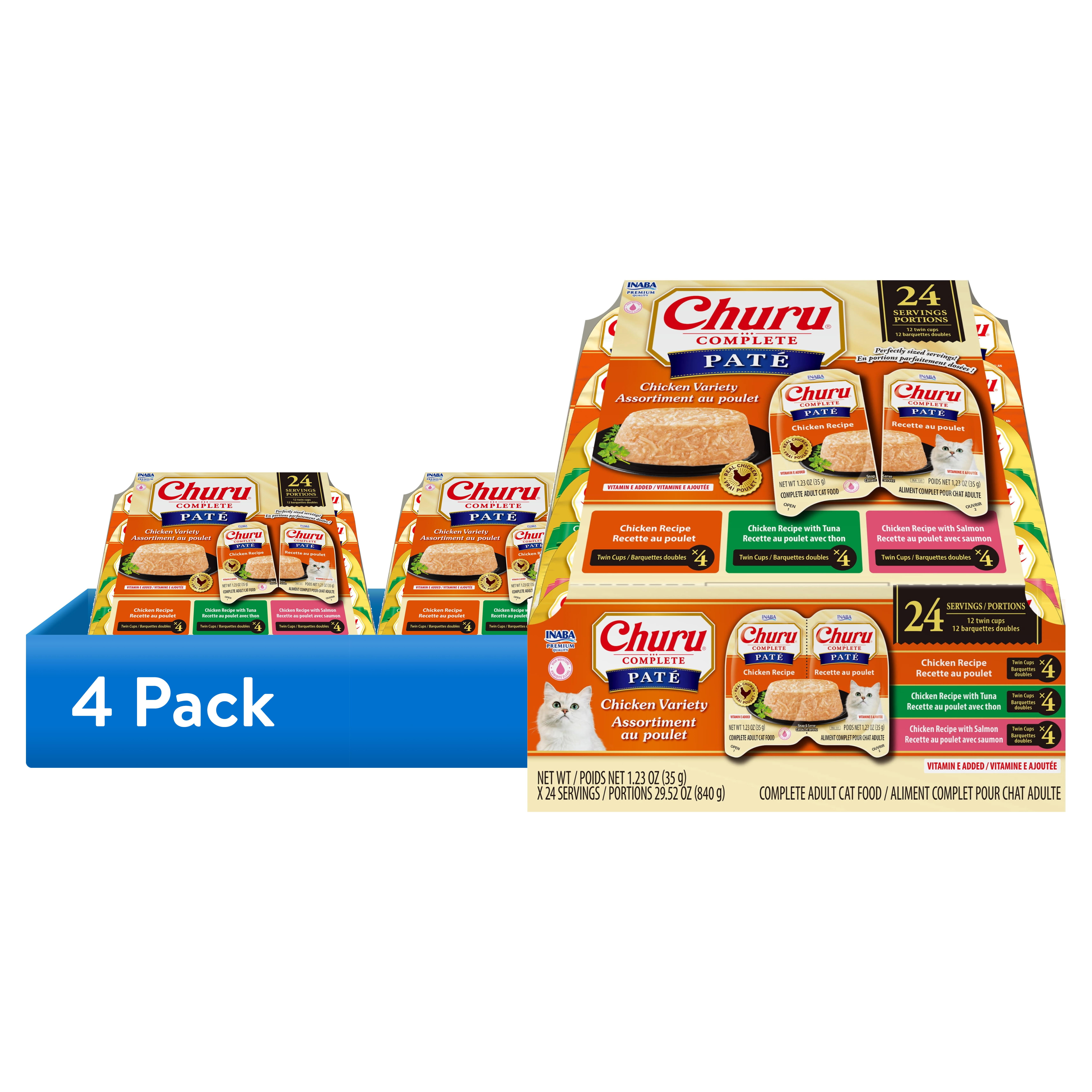 (4 pack) INABA Churu Complete Pate Wet Cat Food with Fish Oil, 2.46oz. Cup, 12 Cups, Chicken Variety