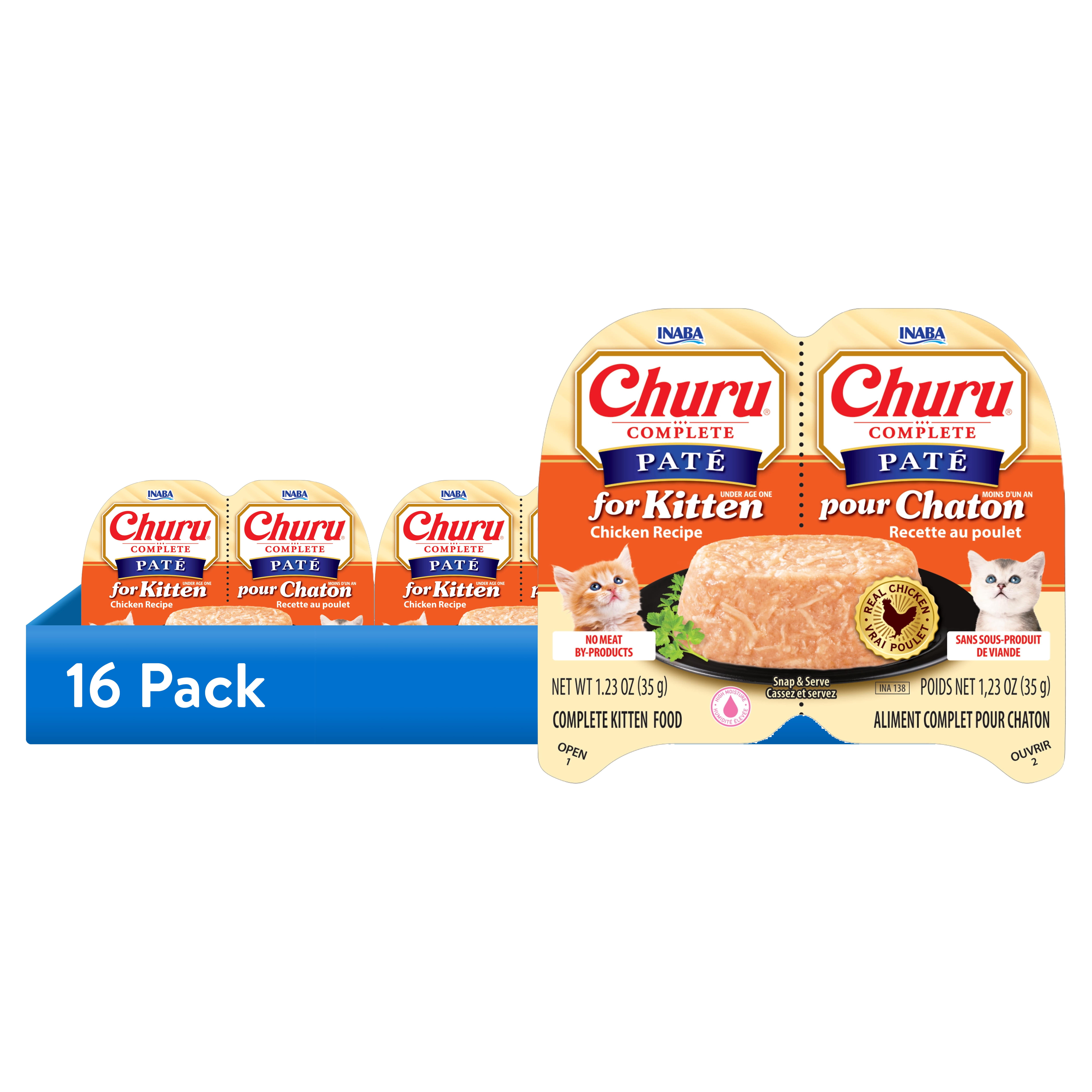 (16 pack) INABA Churu Complete Pate Wet Cat Food with Fish Oil for Kittens, 1.23oz. per Serving, 2 Servings, Chicken Recipe