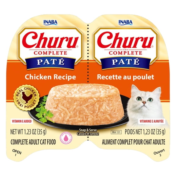 INABA Churu Complete Pate Wet Cat Food with Fish Oil, 1.23oz. per Serving, 2 Servings, Chicken Recipe