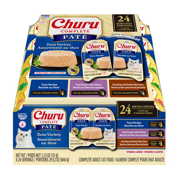 INABA Churu Complete Pate Wet Cat Food with Fish Oil, 2.46oz. Cup, 12 Cups, Tuna Variety