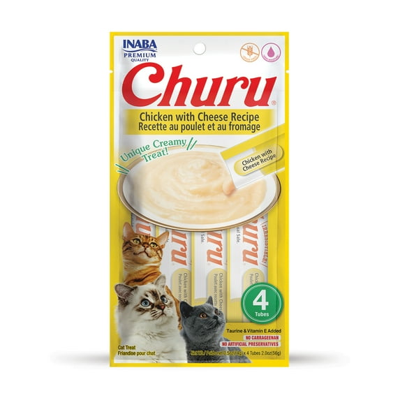 INABA Churu Creamy, Lickable Purée Cat Treat w Taurine, 0.5 oz, 4 Tubes, Chicken with Cheese Recipe