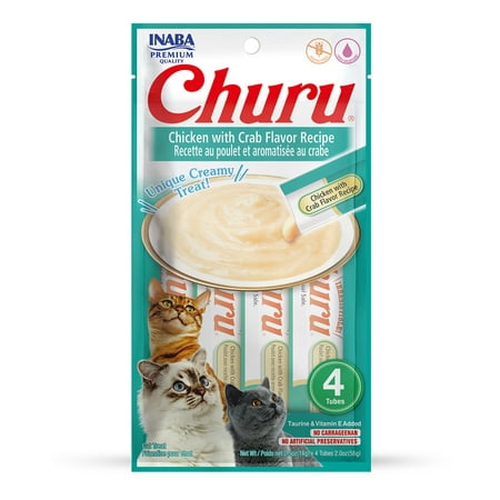 INABA Churu Creamy, Lickable Purée Cat Treat w Taurine, 0.5 oz, 4 Tubes, Chicken with Crab Recipe