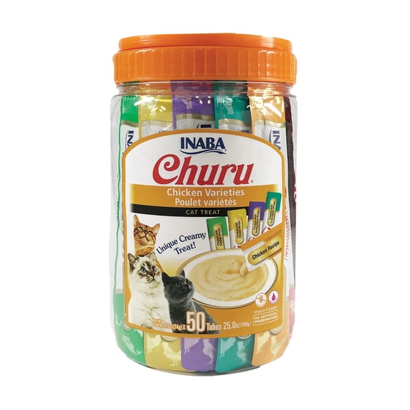 INABA Churu Creamy, Lickable Purée Cat Treat w Taurine, 0.5 oz, 50 Tubes, Chicken Variety