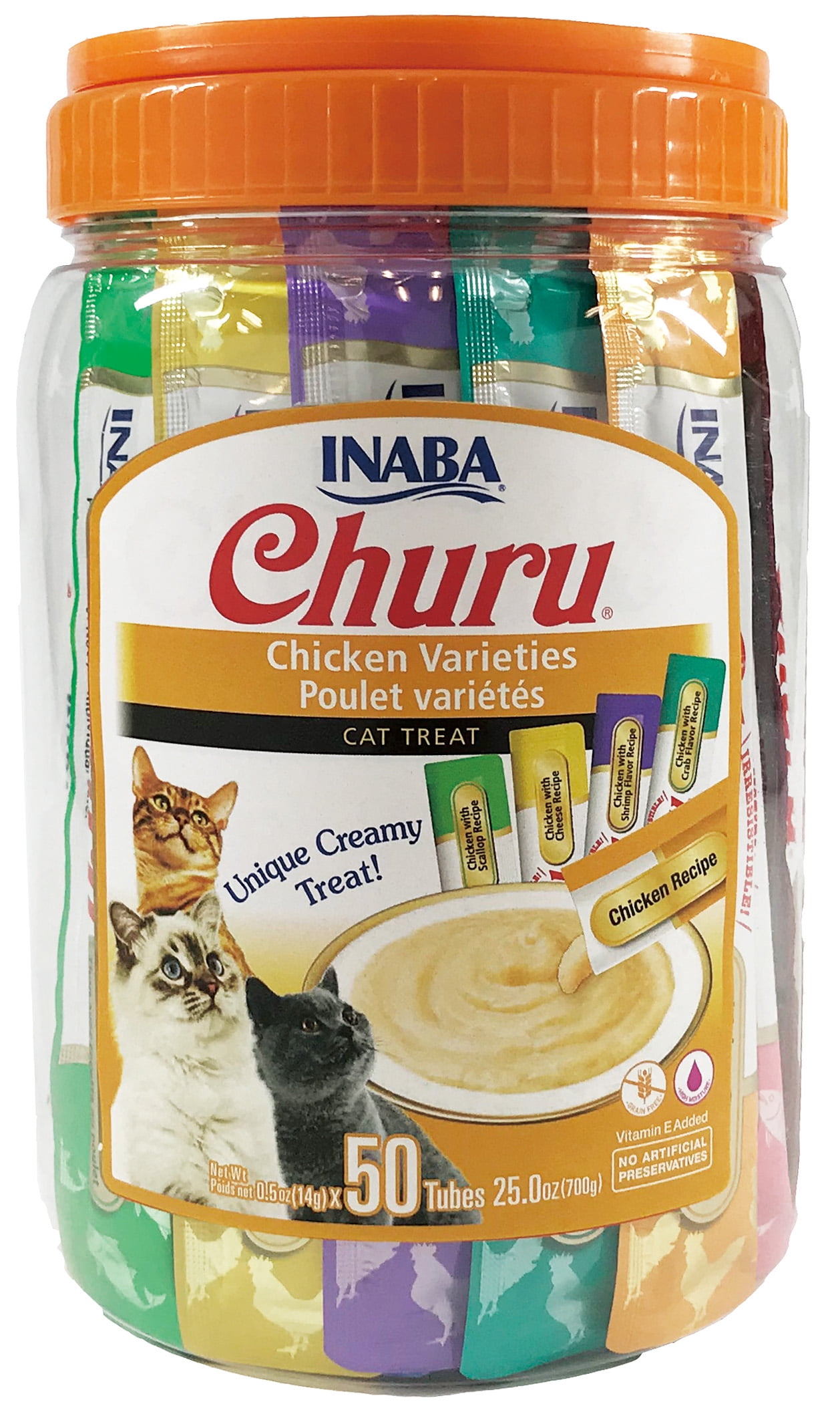INABA Churu Cat Treats, Grain-Free, Lickable, Squeezable Creamy Pur&eacute;e Cat TreatTopper with Vitamin E &amp; Taurine 0.5 Ounces Each Tube, 50 Tubes,