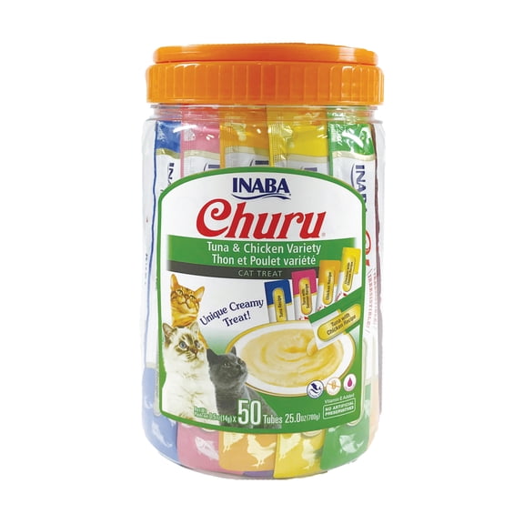 INABA Churu Creamy, Lickable Purée Cat Treat w Taurine, 0.5 oz, 50 Tubes, Tuna & Chicken Variety