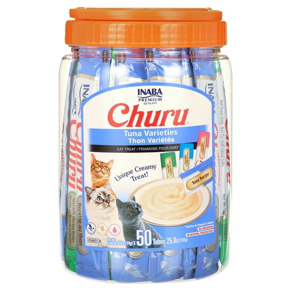 INABA Churu Creamy, Lickable Purée Cat Treat w Taurine, 0.5 oz, 50 Tubes, Tuna Variety