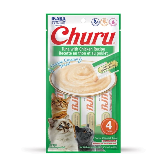 INABA Churu Creamy, Lickable Purée Cat Treat with Taurine, 0.5 oz, 4 Tubes, Tuna with Chicken