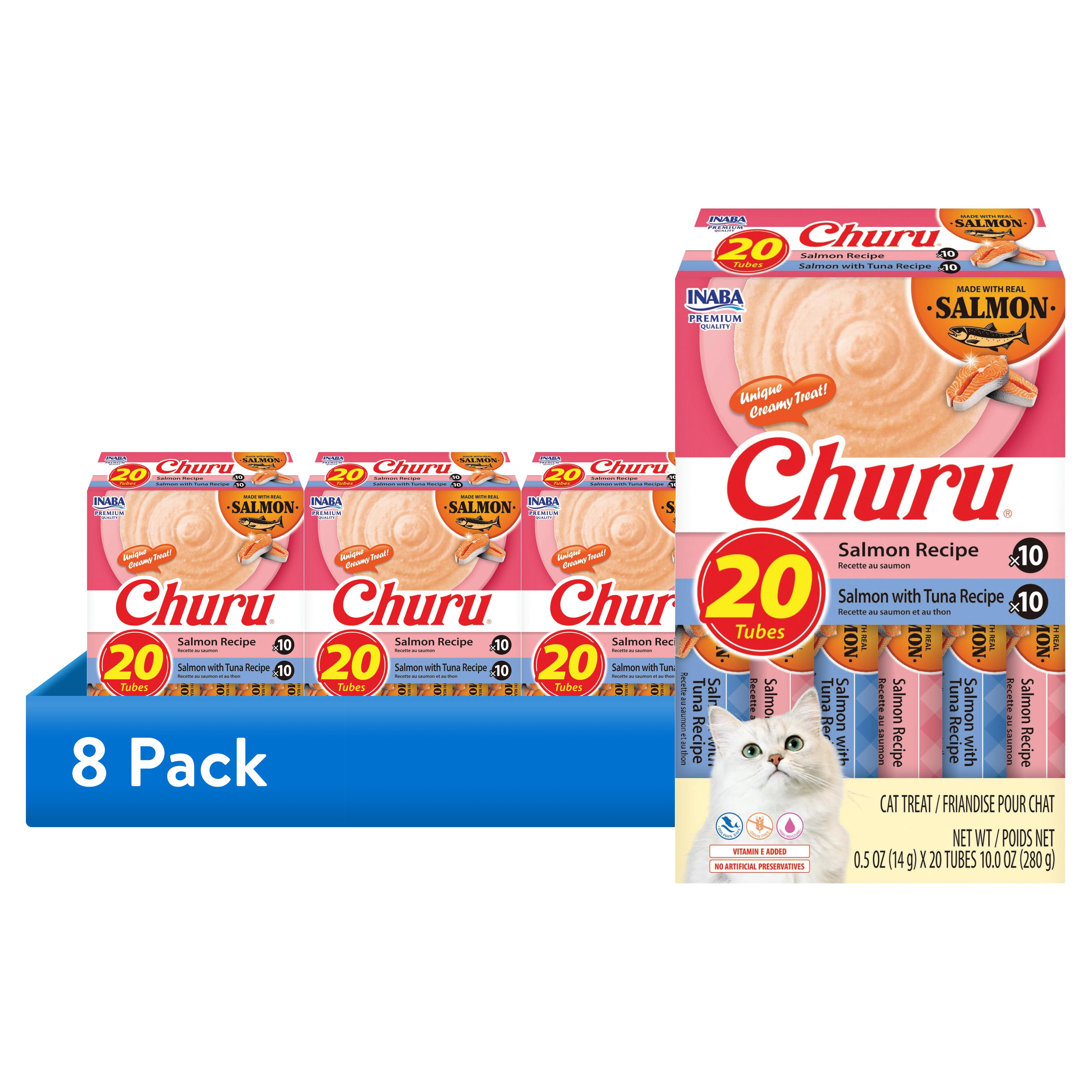 (8 pack) INABA Churu Creamy, Lickable Wet Cat Treats, 0.5 oz Tube, 20 Tubes, Salmon Variety