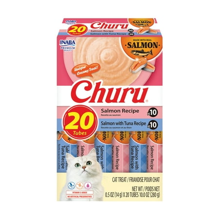 INABA Churu Creamy, Lickable Wet Cat Treats, 0.5 oz Tube, 20 Tubes, Salmon Variety
