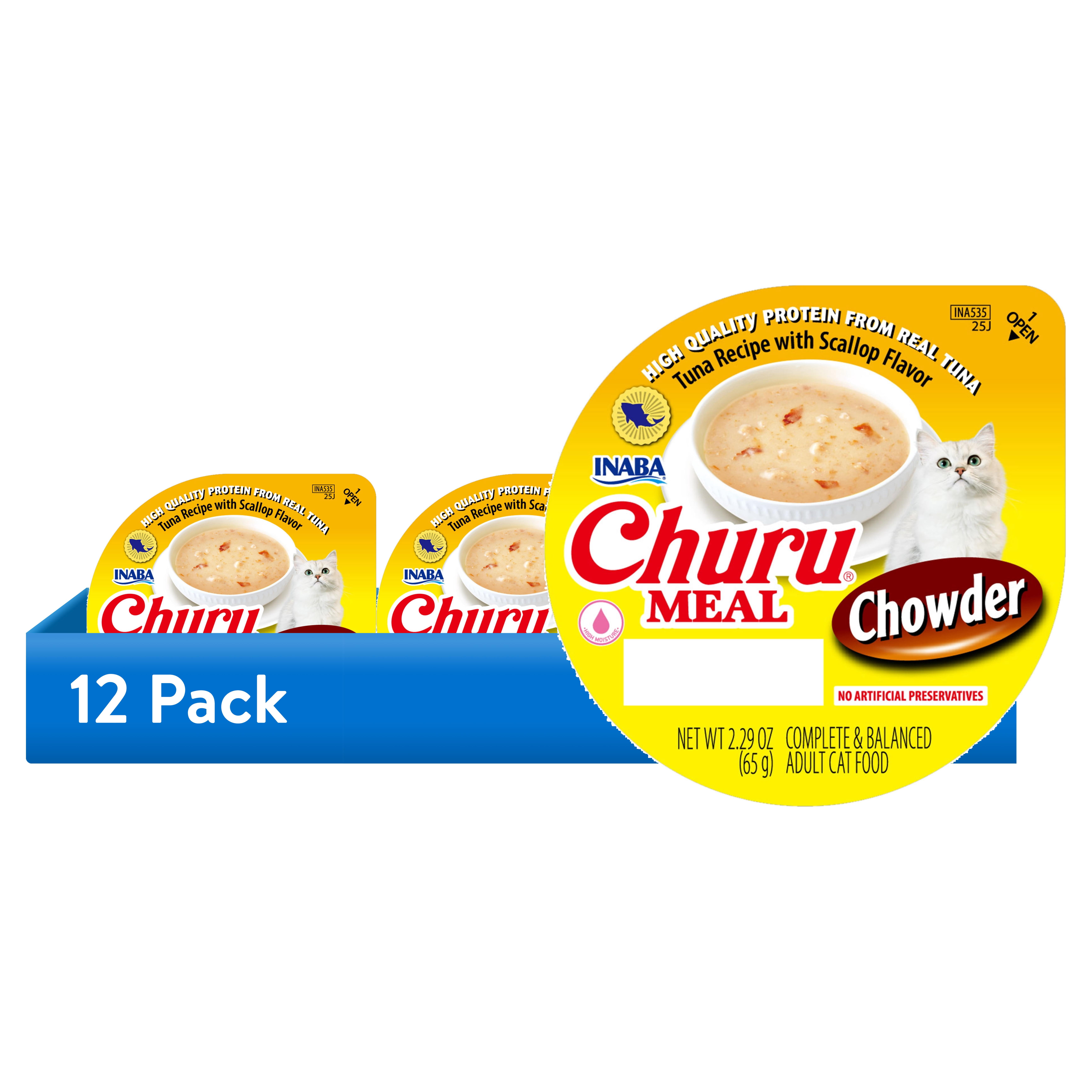 (12 pack) INABA Churu Meal Chowder Adult Wet Cat Food, 2.29 oz cup, 1-count, Tuna Recipe with Scallop Flavor