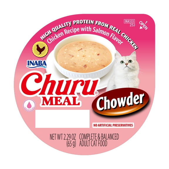INABA Churu Meal Chowder Adult Wet Cat Food, 2.29 oz cup, Chicken Recipe with Salmon Flavor