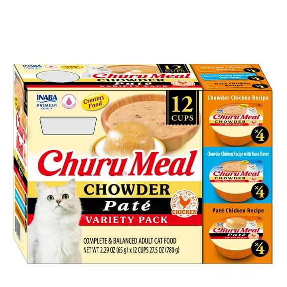 INABA Churu Meal Chowder Adult Wet Cat Food, 2.29 oz cup, 12-count, Chowder & Pate Variety Pack
