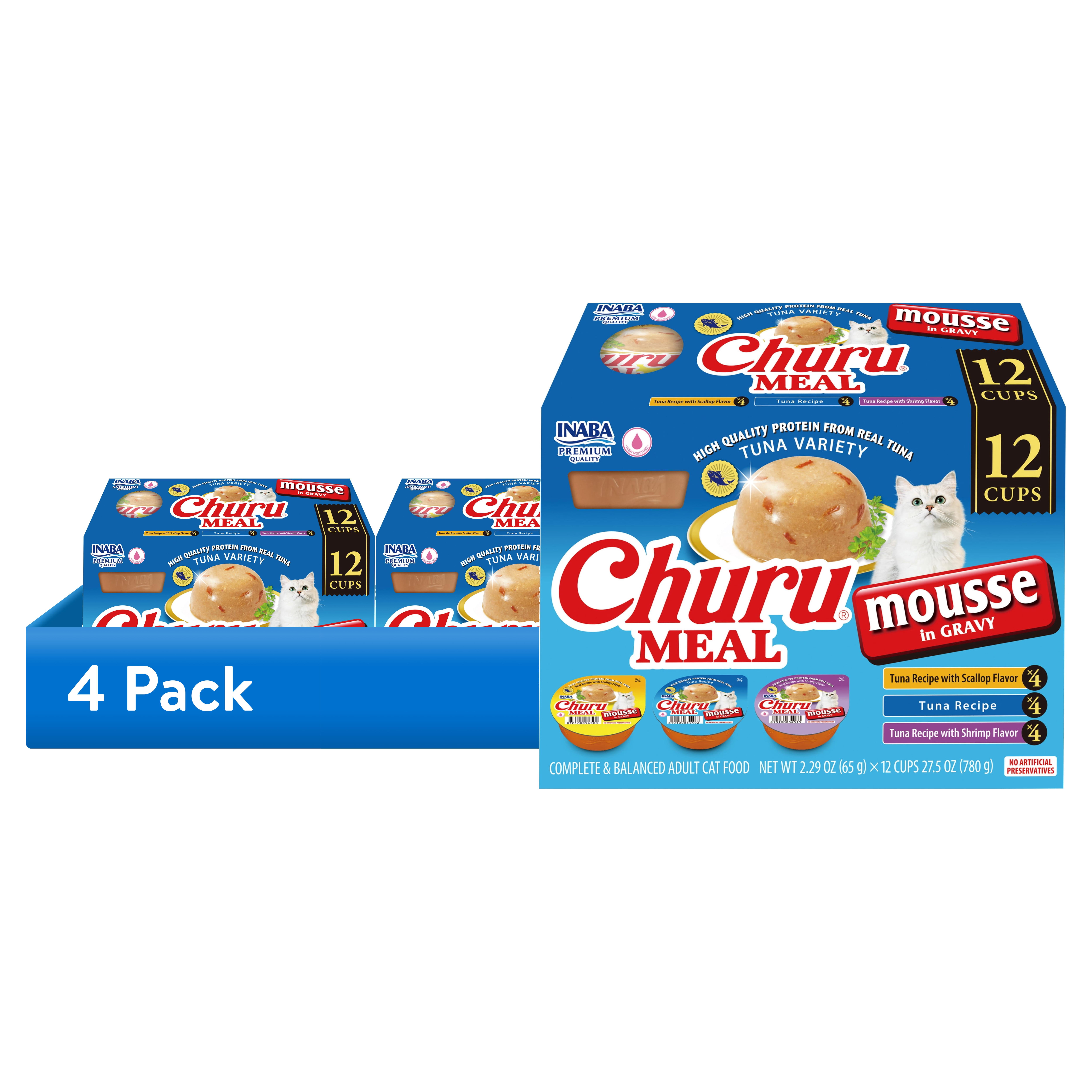 (4 pack) INABA Churu Meal Mousse Adult Wet Cat Food, 2.29 oz Cup, 12-Count, Tuna Variety