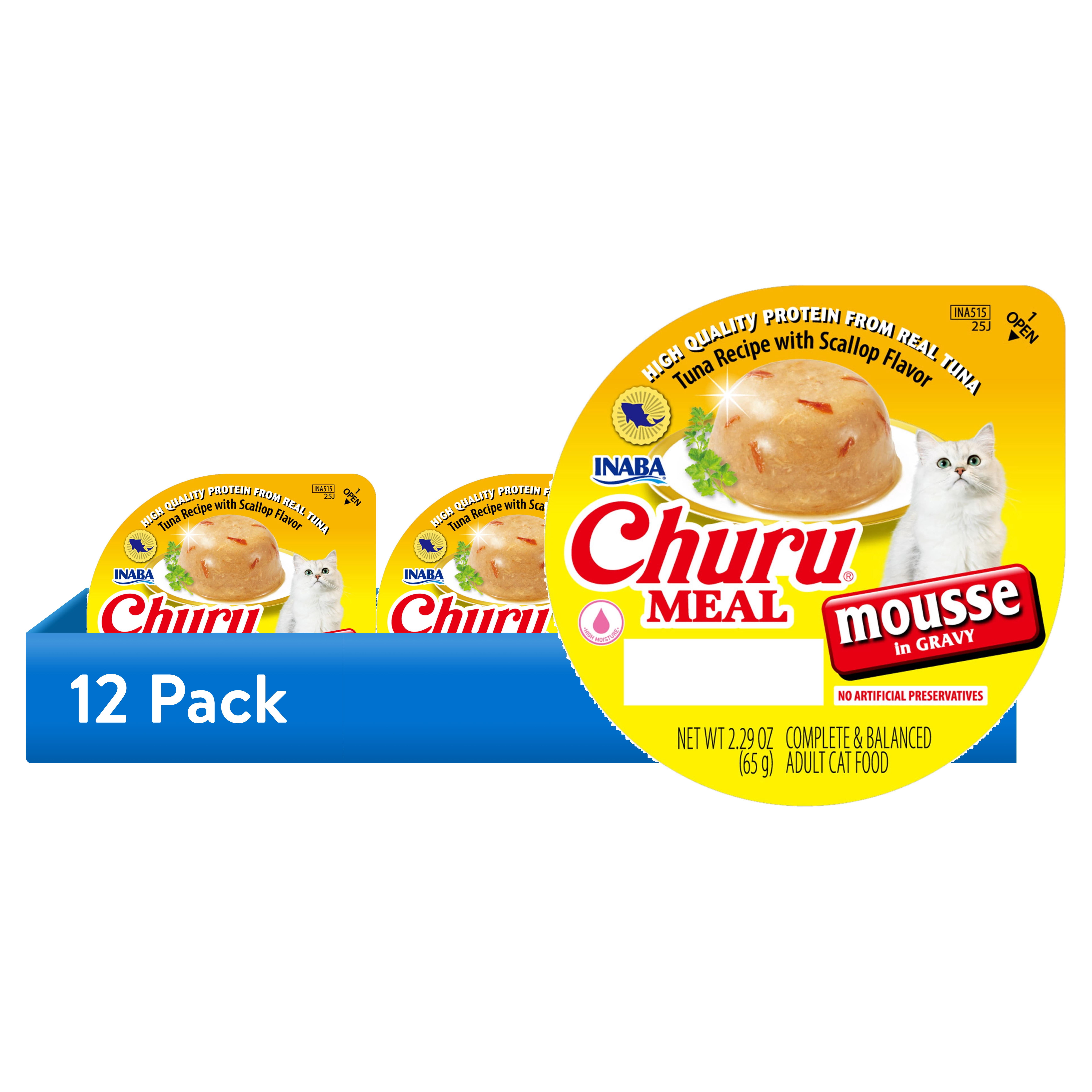 (12 pack) INABA Churu Meal Mousse Adult Wet Cat Food, 2.29 oz cup, 1-count, Tuna Recipe with Scallop Flavor
