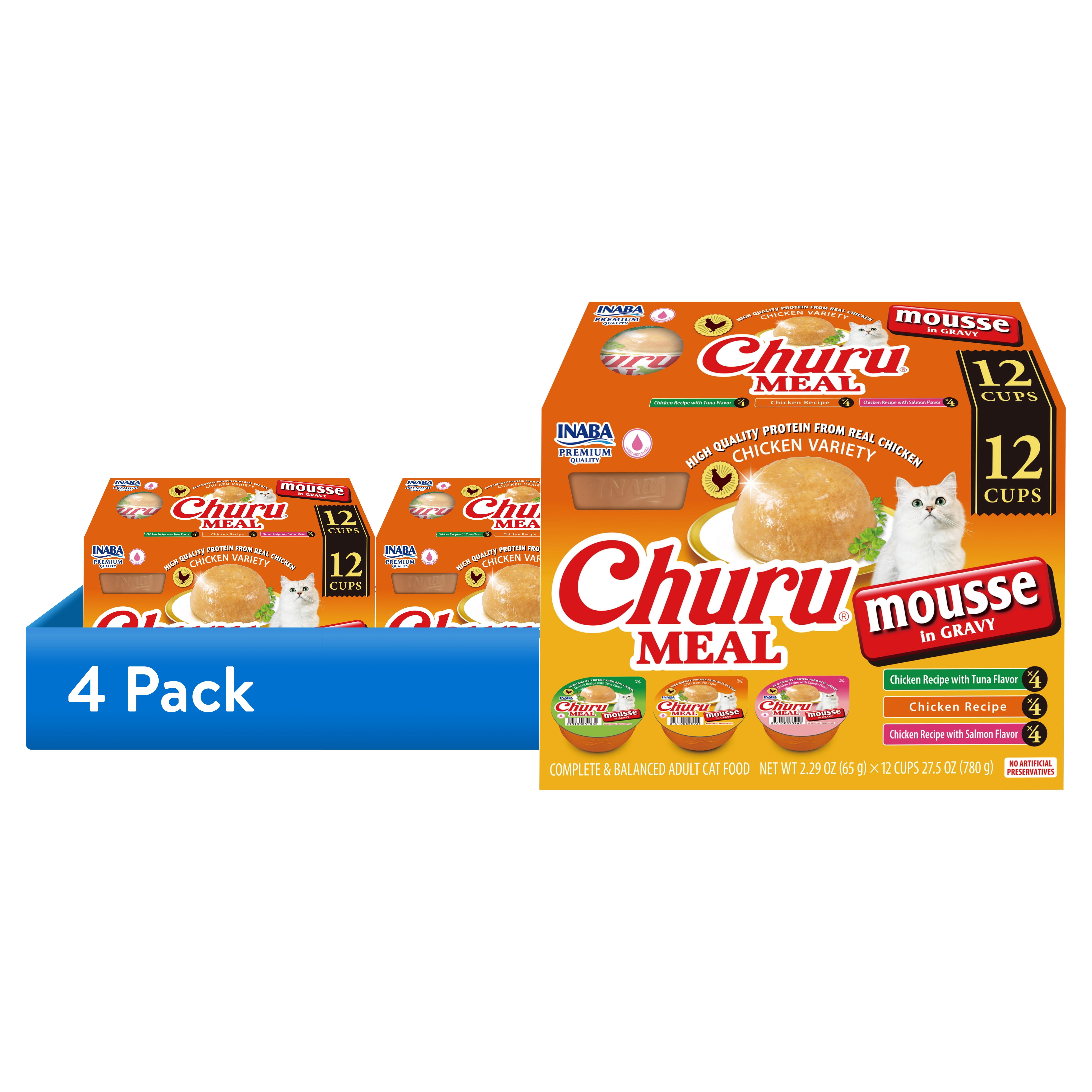 (4 pack) INABA Churu Meal Mousse Adult Wet Cat Food, 2.29 oz cup, 12-count, Chicken Variety