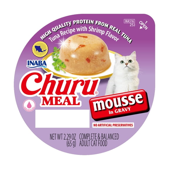 INABA Churu Meal Mousse Adult Wet Cat Food, 2.29 oz cup, 1-count, Tuna Recipe with Shrimp Flavor