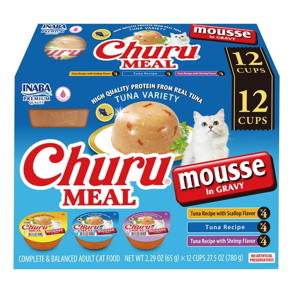 INABA Churu Meal Mousse Adult Wet Cat Food, 2.29 oz Cup, 12-Count, Tuna Variety