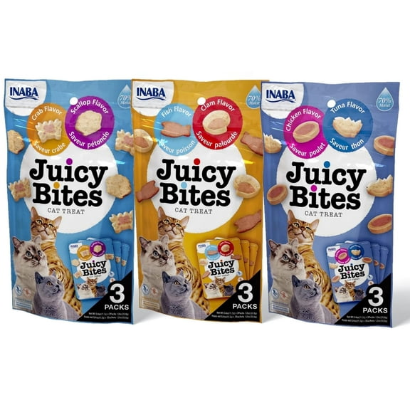INABA Juicy Bites Grain-Free, Soft, Moist, Chewy Cat Treats with Vitamin E and Green Tea Extract, 0.4 Ounces per Pouch, 9 Pouches Total 3 per Bag, 3 Flavor Variety Pack