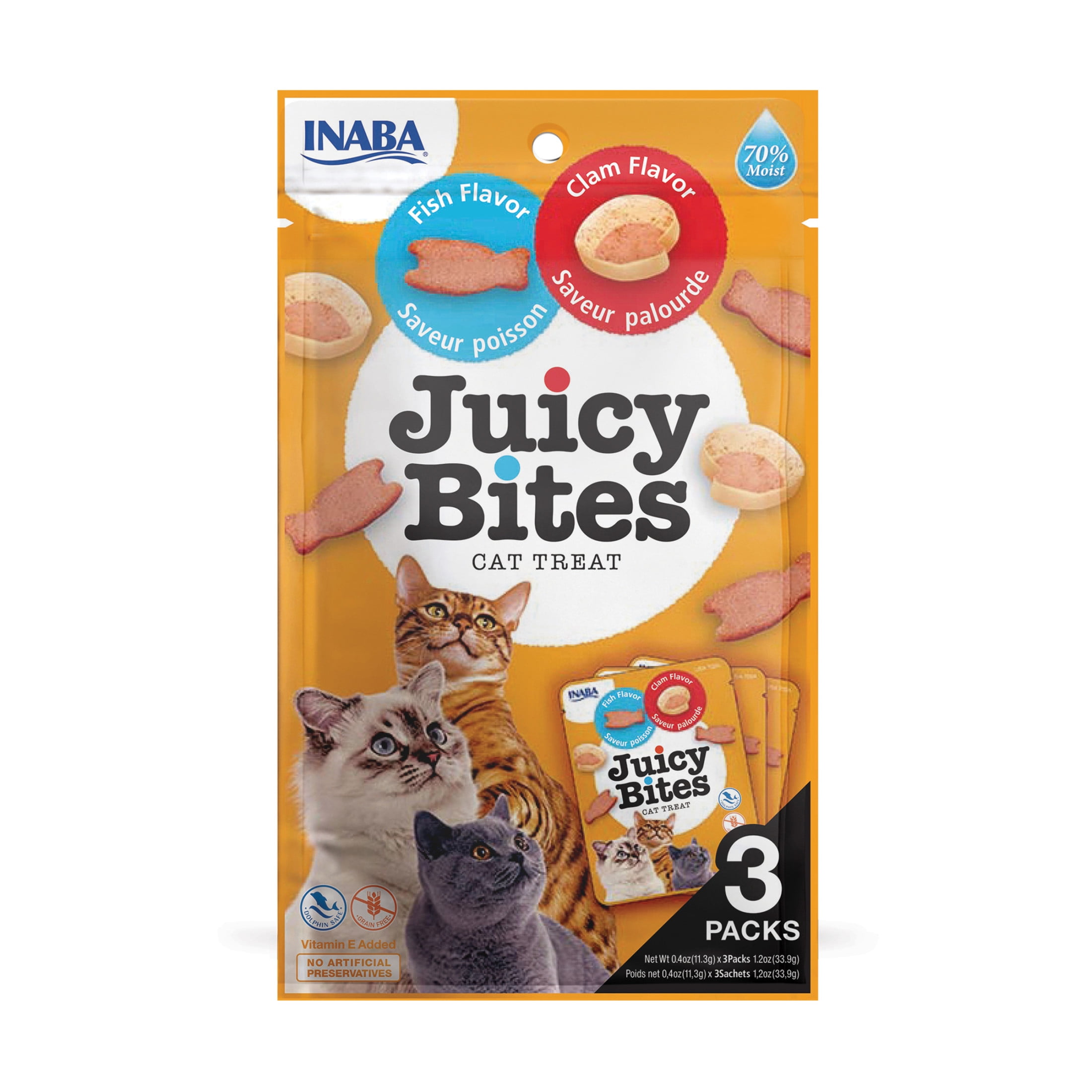 INABA Juicy Bites Grain-Free, Soft, Moist, Chewy Cat Treats with Vitamin E and Green Tea Extract, 0.4 Ounces per Pouch, 3 Pouches, Fish and Clam