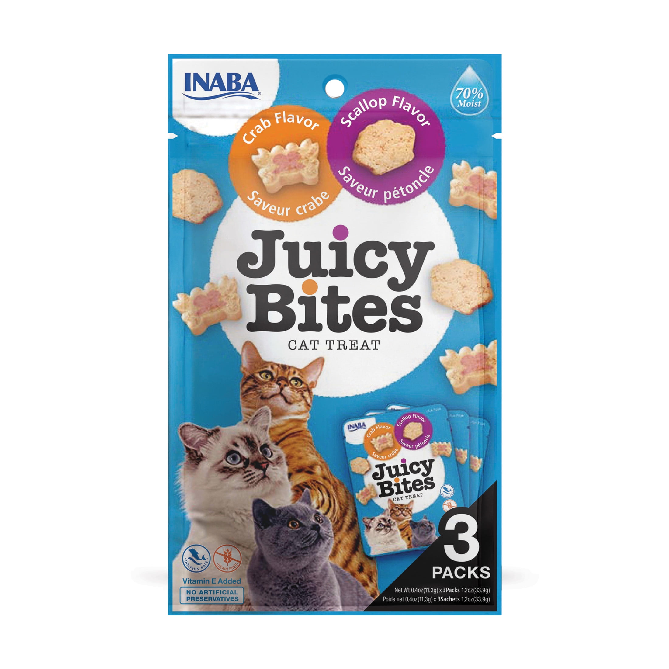INABA Juicy Bites Grain-Free, Soft, Moist, Chewy Cat Treats with Vitamin E and Green Tea Extract, 0.4 Ounces per Pouch, 3 Pouches, Scallop and Crab